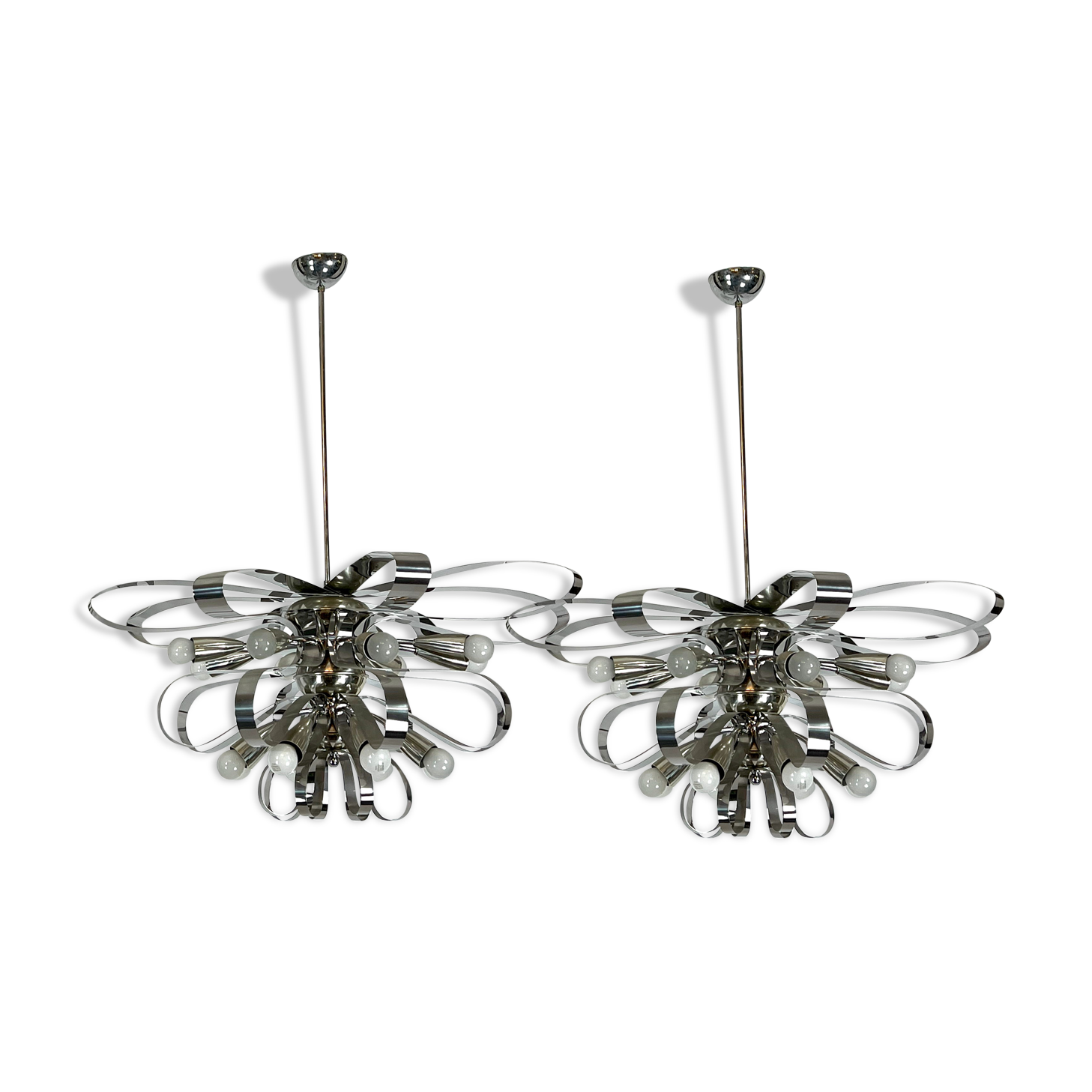 Mid-century pair of Italian chrome chandeliers from 70