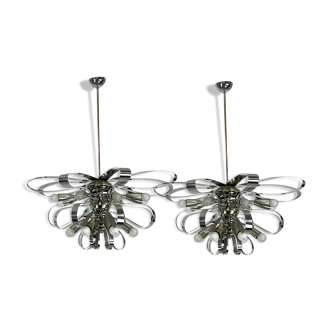 Mid-century pair of Italian chrome chandeliers from 70
