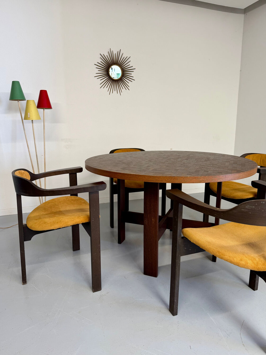 Vintage marquetry wooden table designed by Dieter Waeckerlin for Idealheim an70.