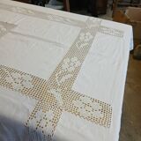 Old fabric and crochet tablecloth