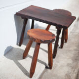 Set of coffee table and 2 carved wooden stools, brutalist