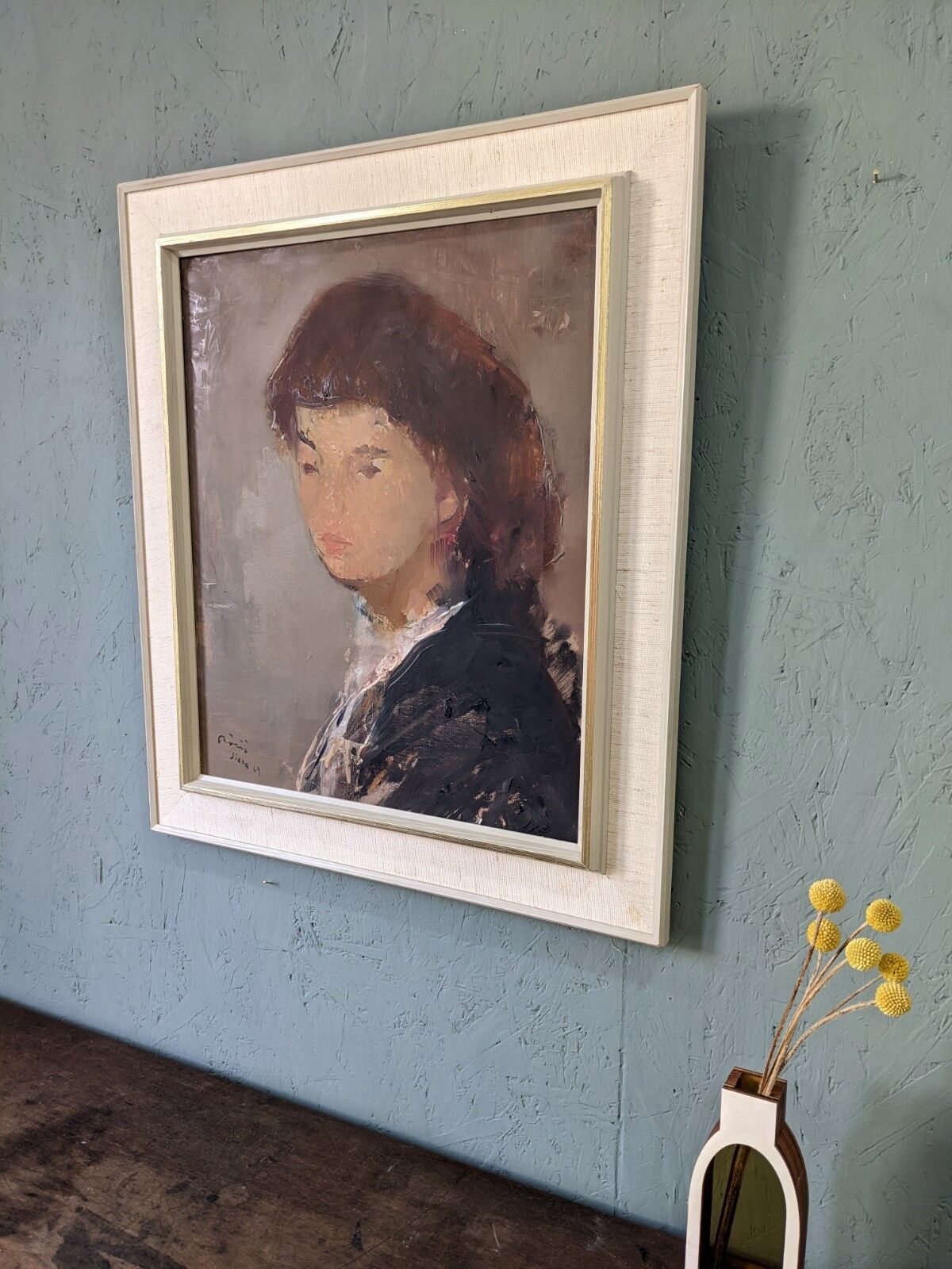 Mid-Century Modern Swedish Oil Painting "Auburn Hair" Vintage Portrait, Framed