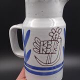 Enamelled terracotta pitcher, bird decoration engraved by Michel Barbier, Vallauris circa 1970