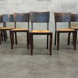 Suite of 6 chairs brutalist style straw and solid oak