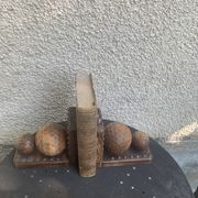 Pair of vintage carved wood and metal ball bookends
