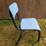 Chaise enfant style mullca tube metal noir + assise & dossier bois vintage #a663