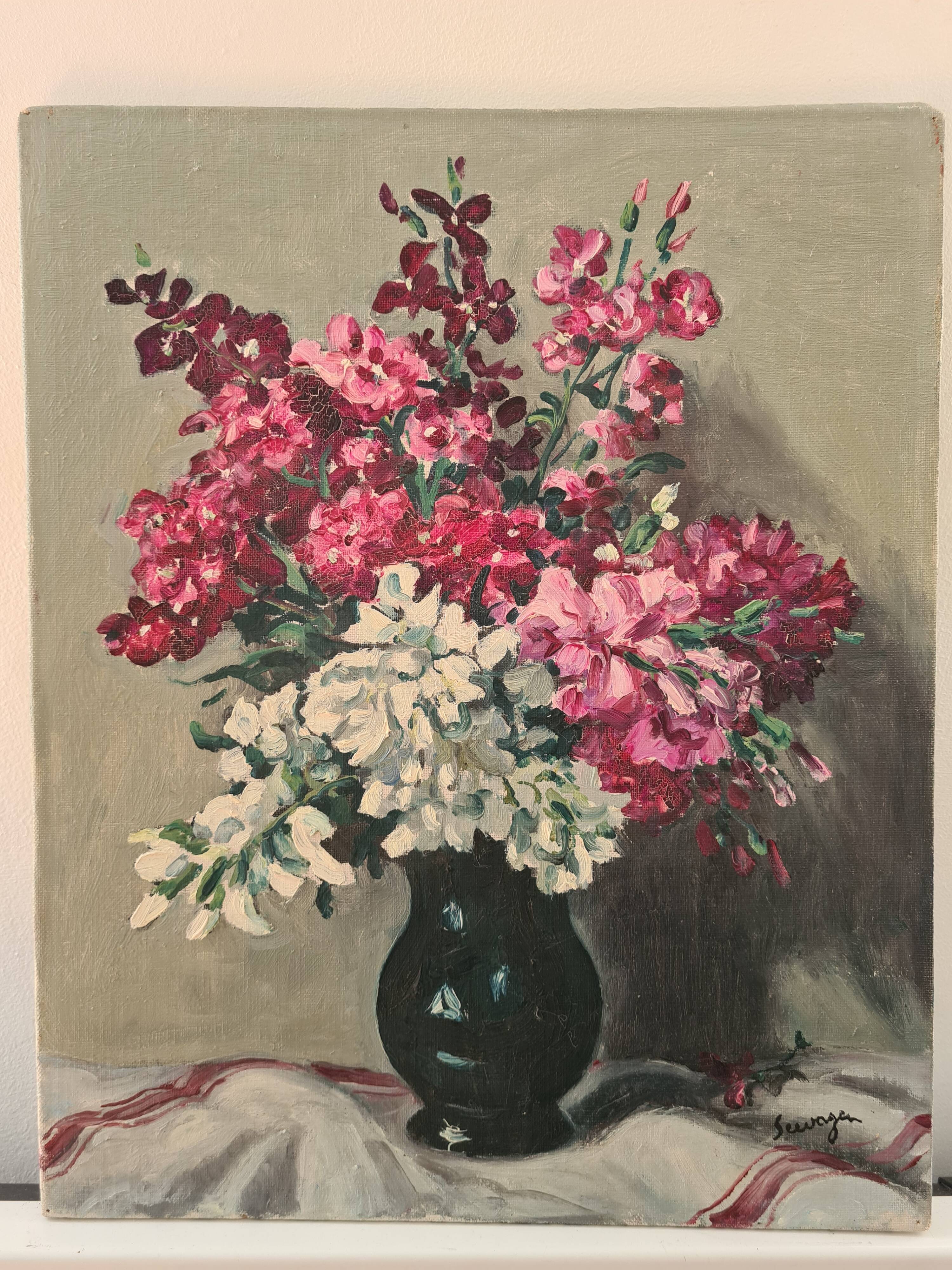 Bouquet in a black vase, oil by Seevagen