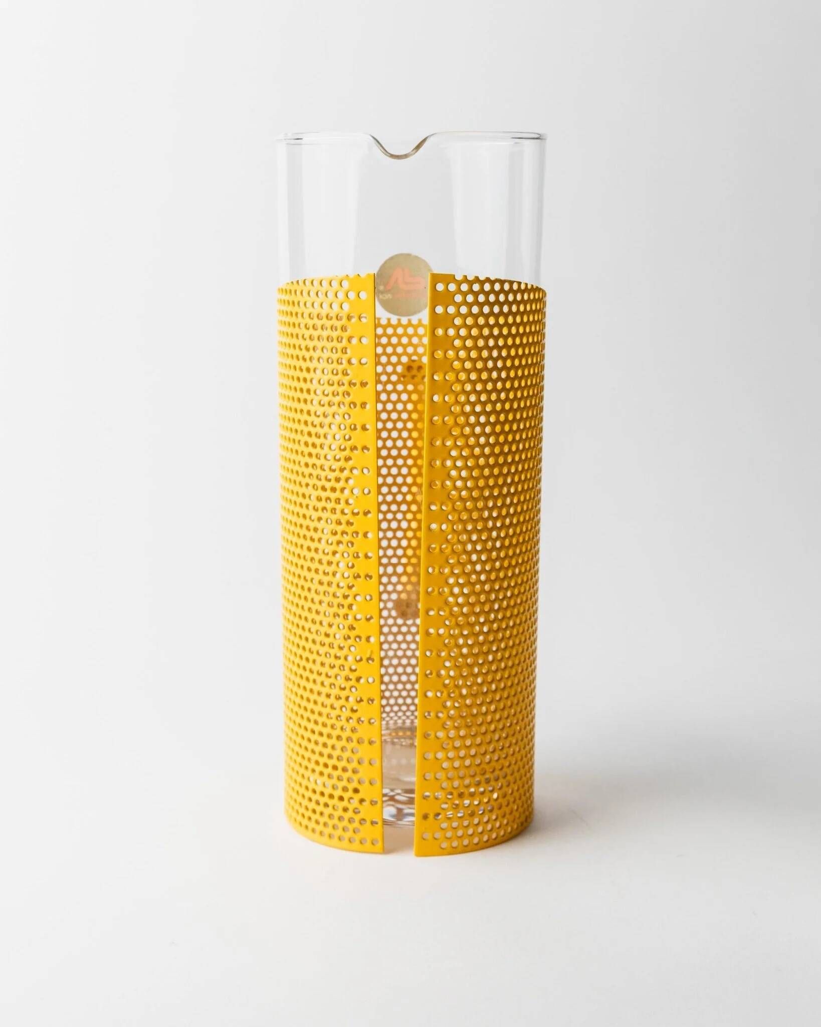 Transparent Glass Pitcher with Yellow Metal Sleeve and Pestle - Memphis Style, 1980s Italy