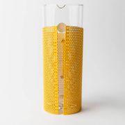 Transparent Glass Pitcher with Yellow Metal Sleeve and Pestle - Memphis Style, 1980s Italy