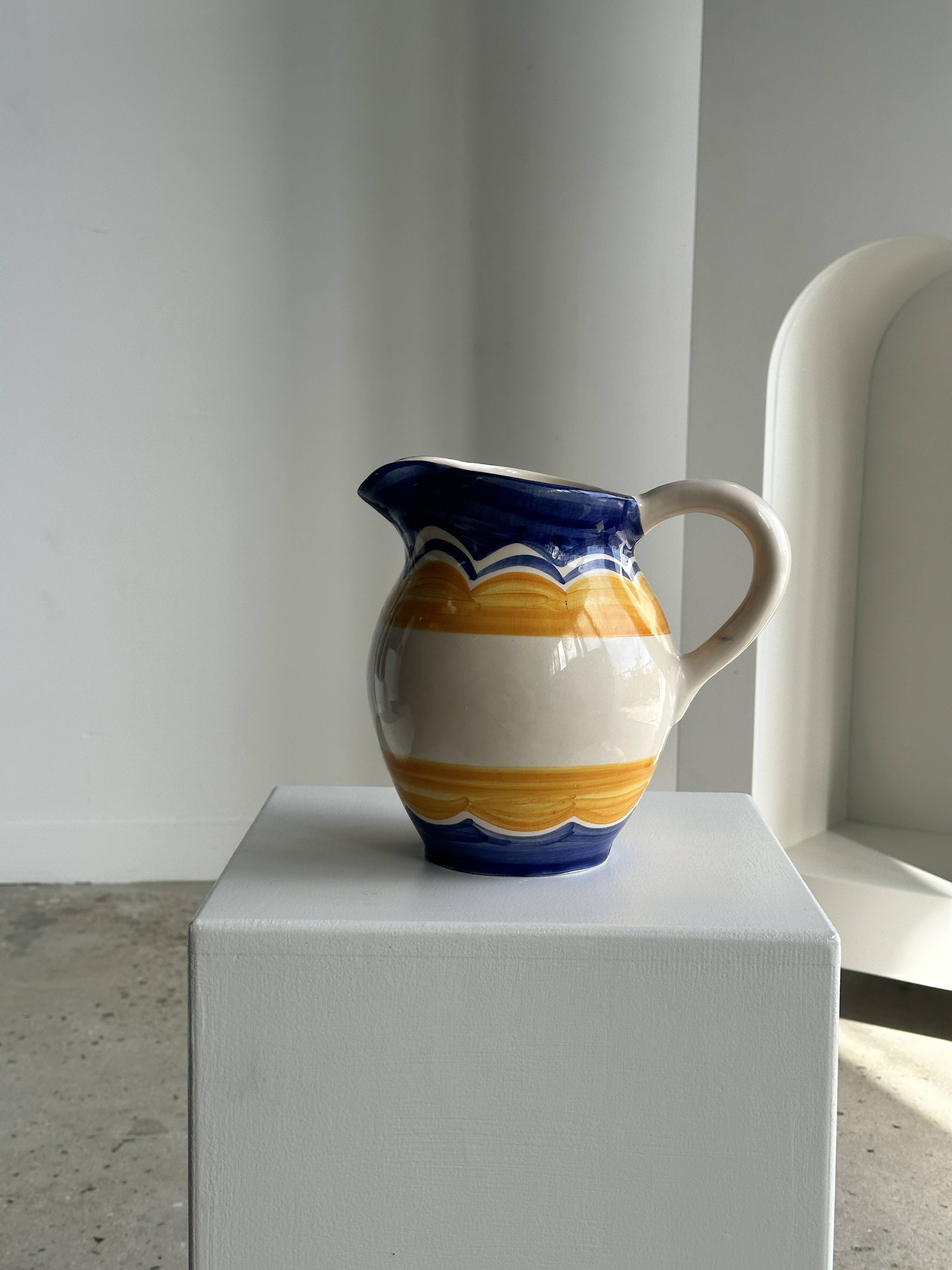 Large blue and yellow hand painted carafe H:20cm