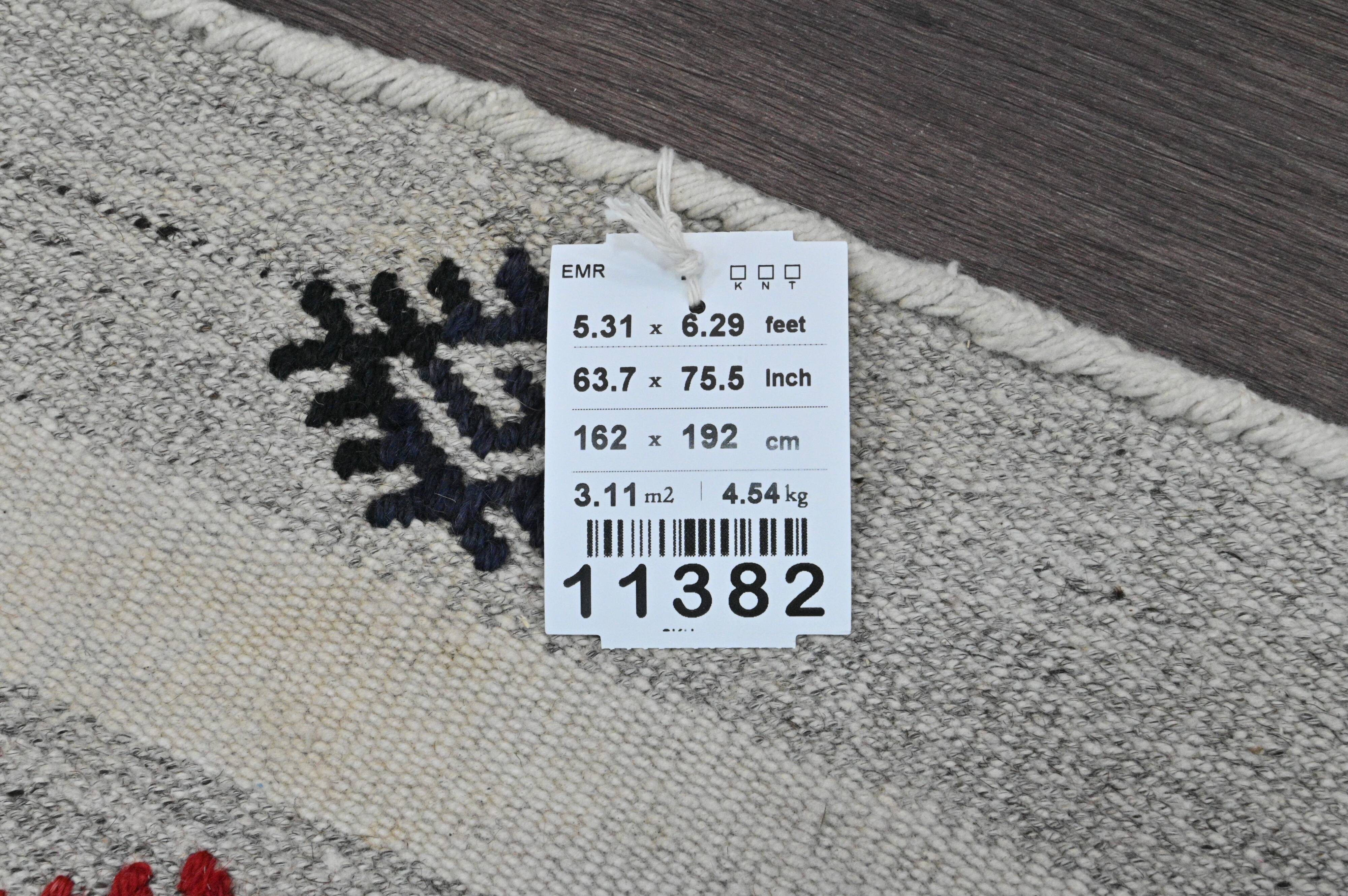 Vintage Turkish Kilim Rug 162x192 cm, Grey Stripes and Colorful Patterns