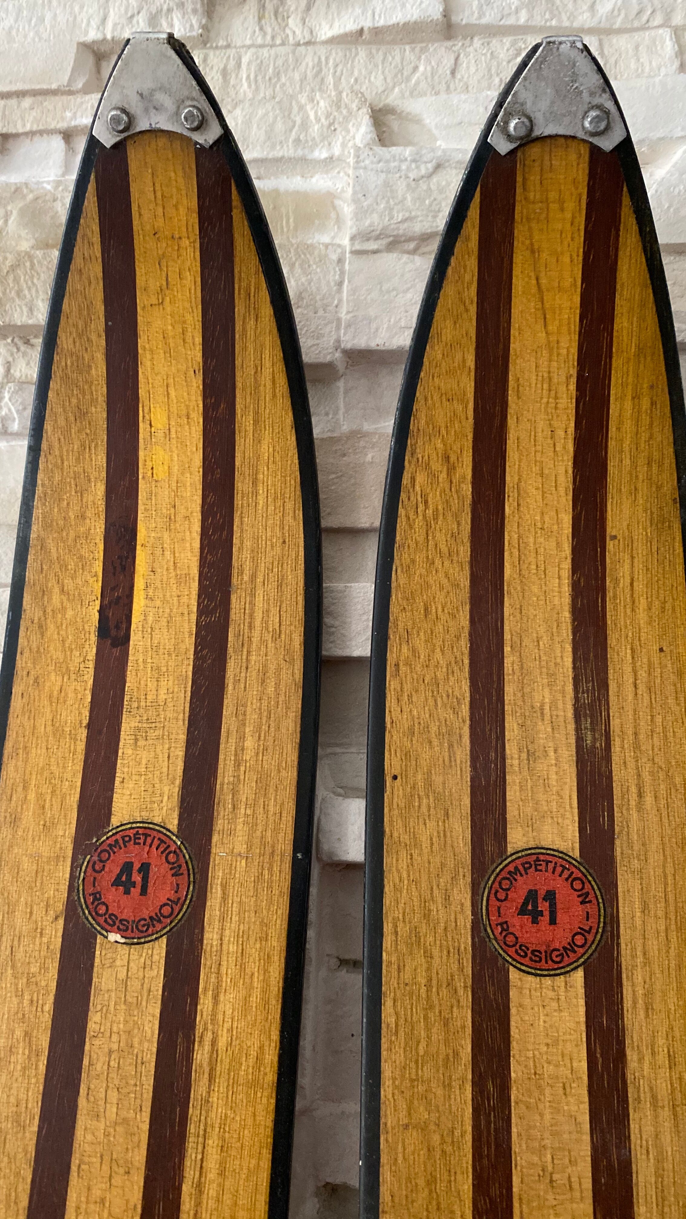 Vintage wooden Rossignol Hickory ski pair