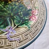 Choisy Le Roi majolica or barbotine dish decorated with leaves and pink flowers from the 19th century