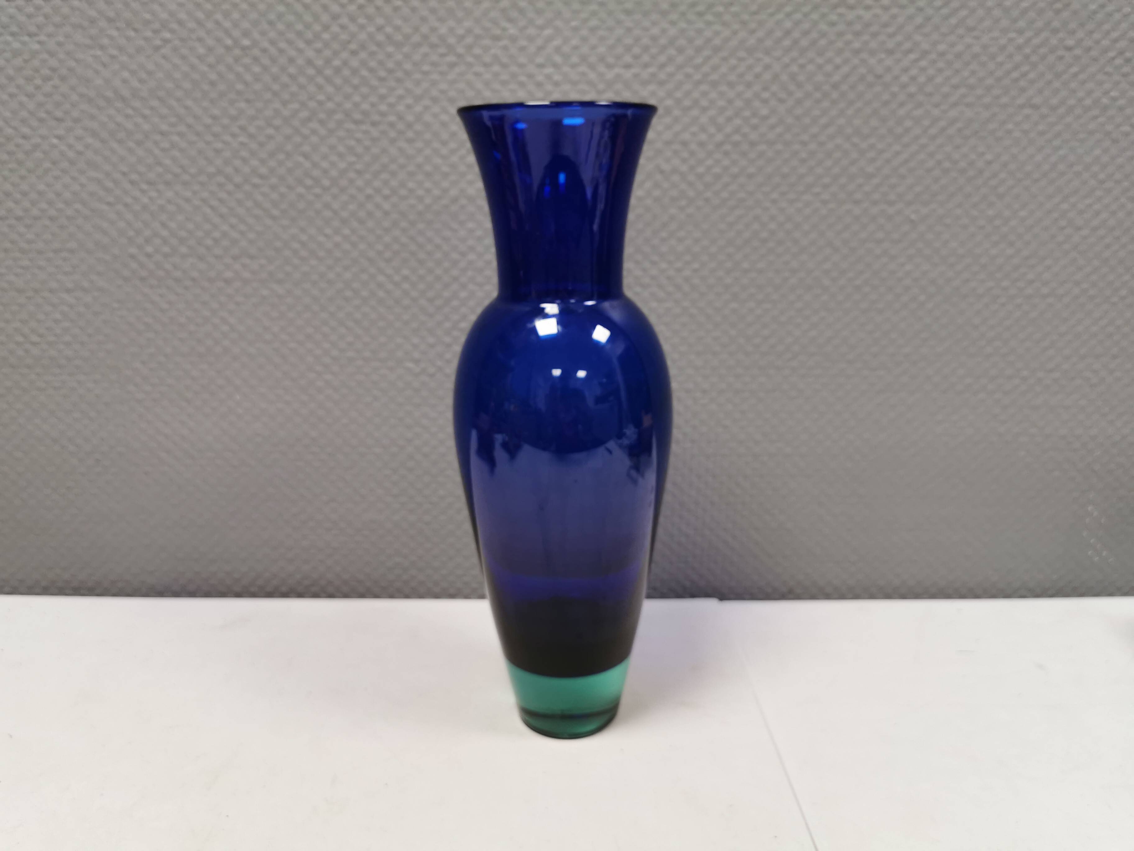 Holmegaard Harlequin Glass vase in blue with thick green base. Designed by Anja Kjær in 1994.