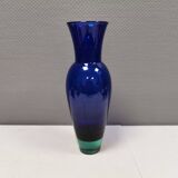 Holmegaard Harlequin Glass vase in blue with thick green base. Designed by Anja Kjær in 1994.
