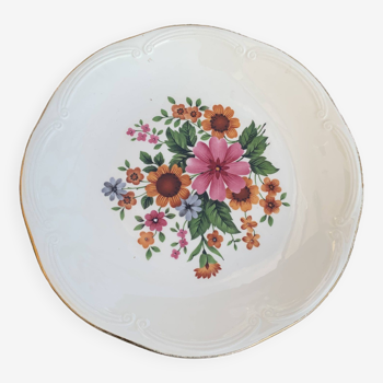 Plat a gateaux en faience, GIEN France, motif floral, fleurs très colorées, art de la table, vintage