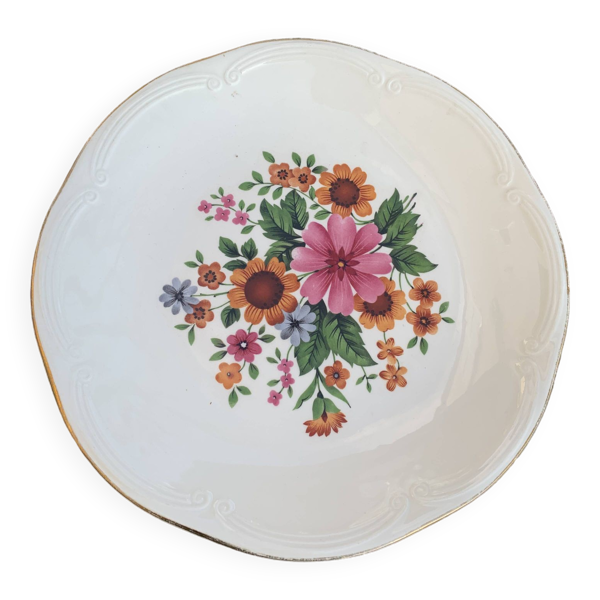 Plat a gateaux en faience, GIEN France, motif floral, fleurs très colorées, art de la table, vintage