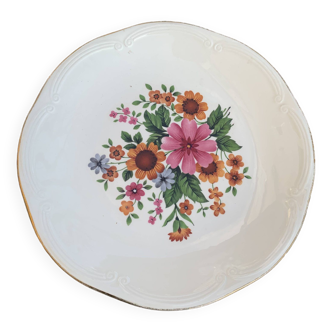 Plat a gateaux en faience, GIEN France, motif floral, fleurs très colorées, art de la table, vintage