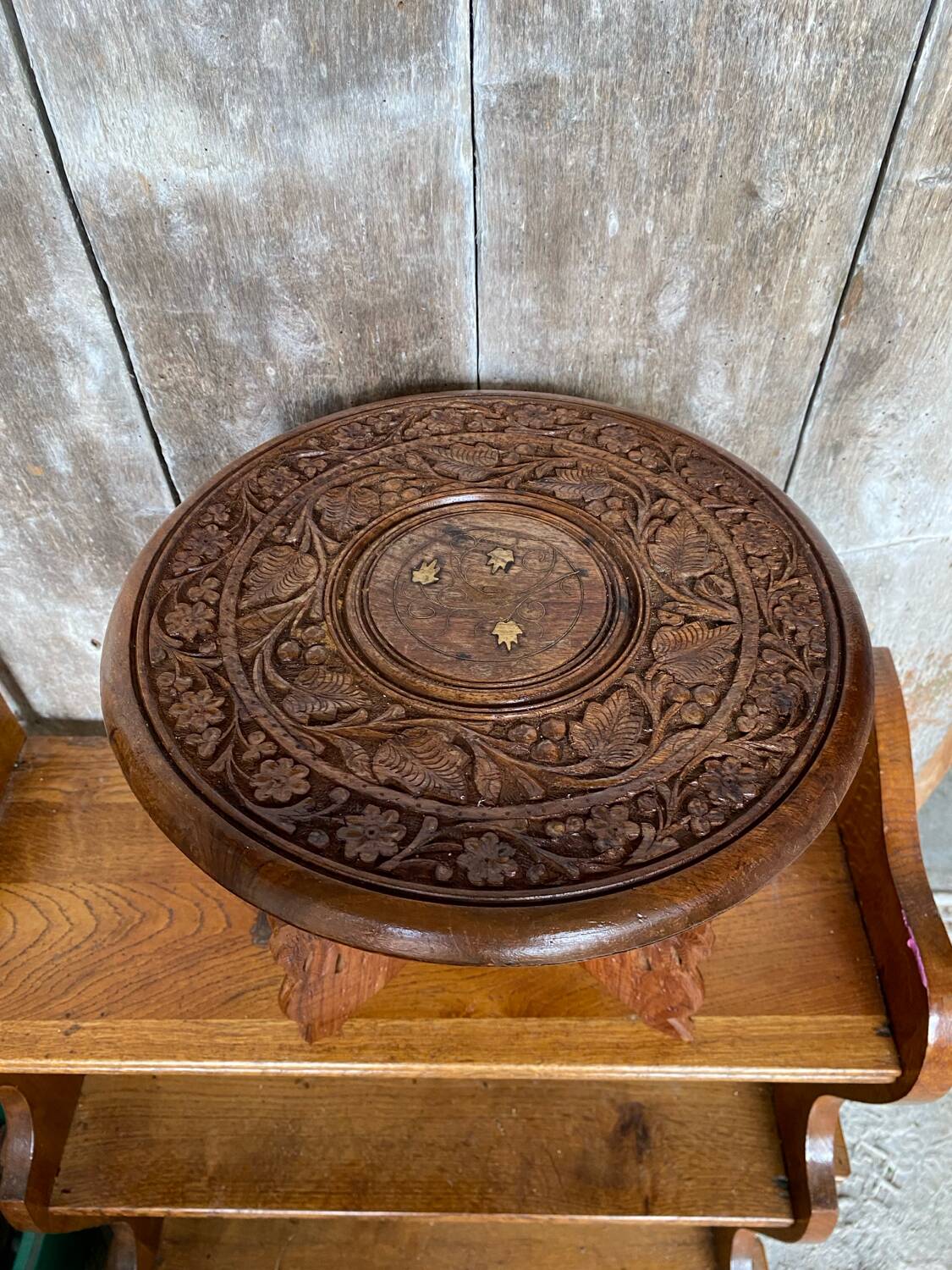 Antique tripod coffee table carved wood & brass inlaid india vintage