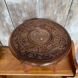 Ancienne table basse tripode bois sculpté & laiton incrusté inde vintage