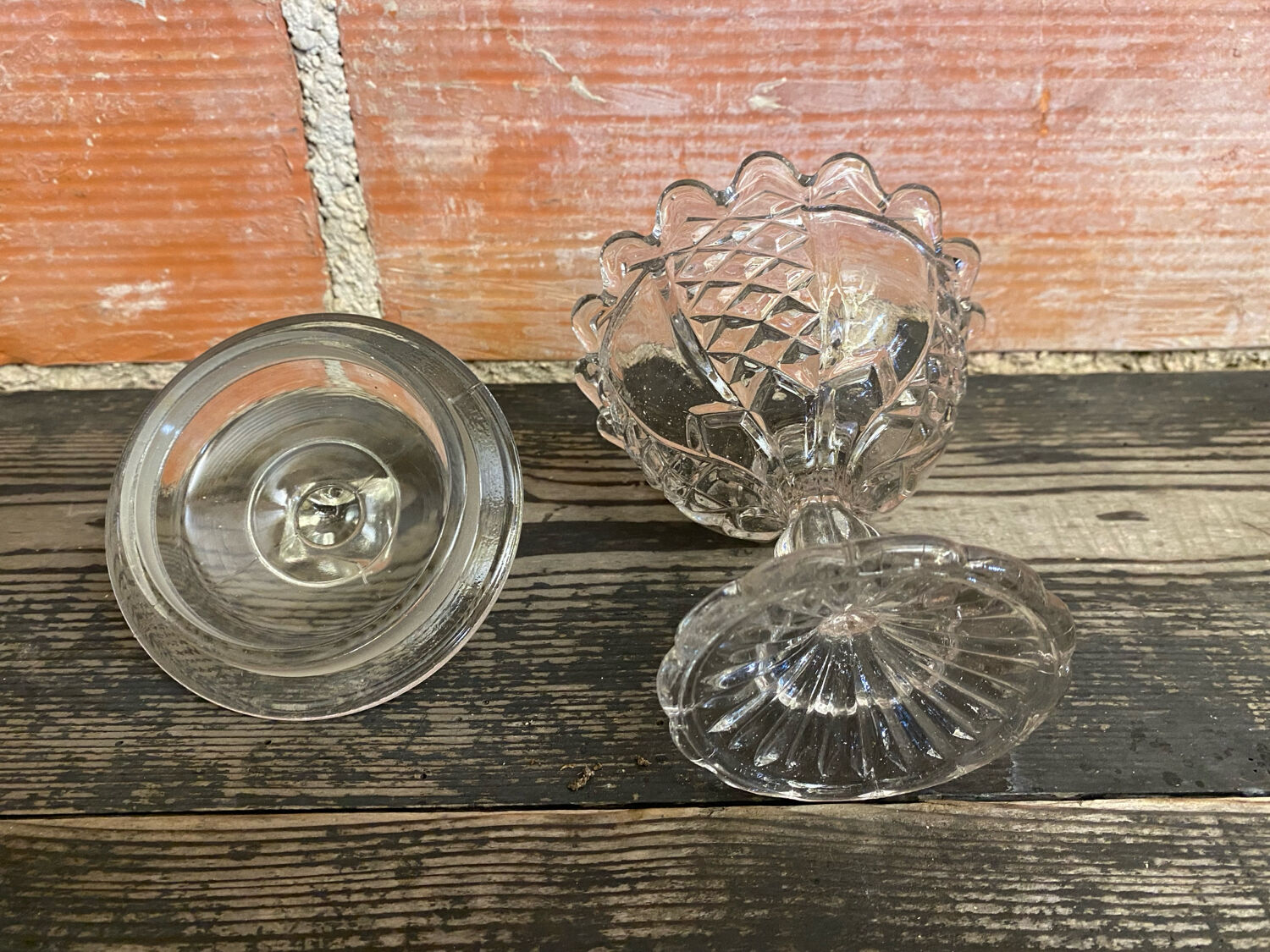 Antique glass candy dish, sugar bowl, footed, vintage molded glass