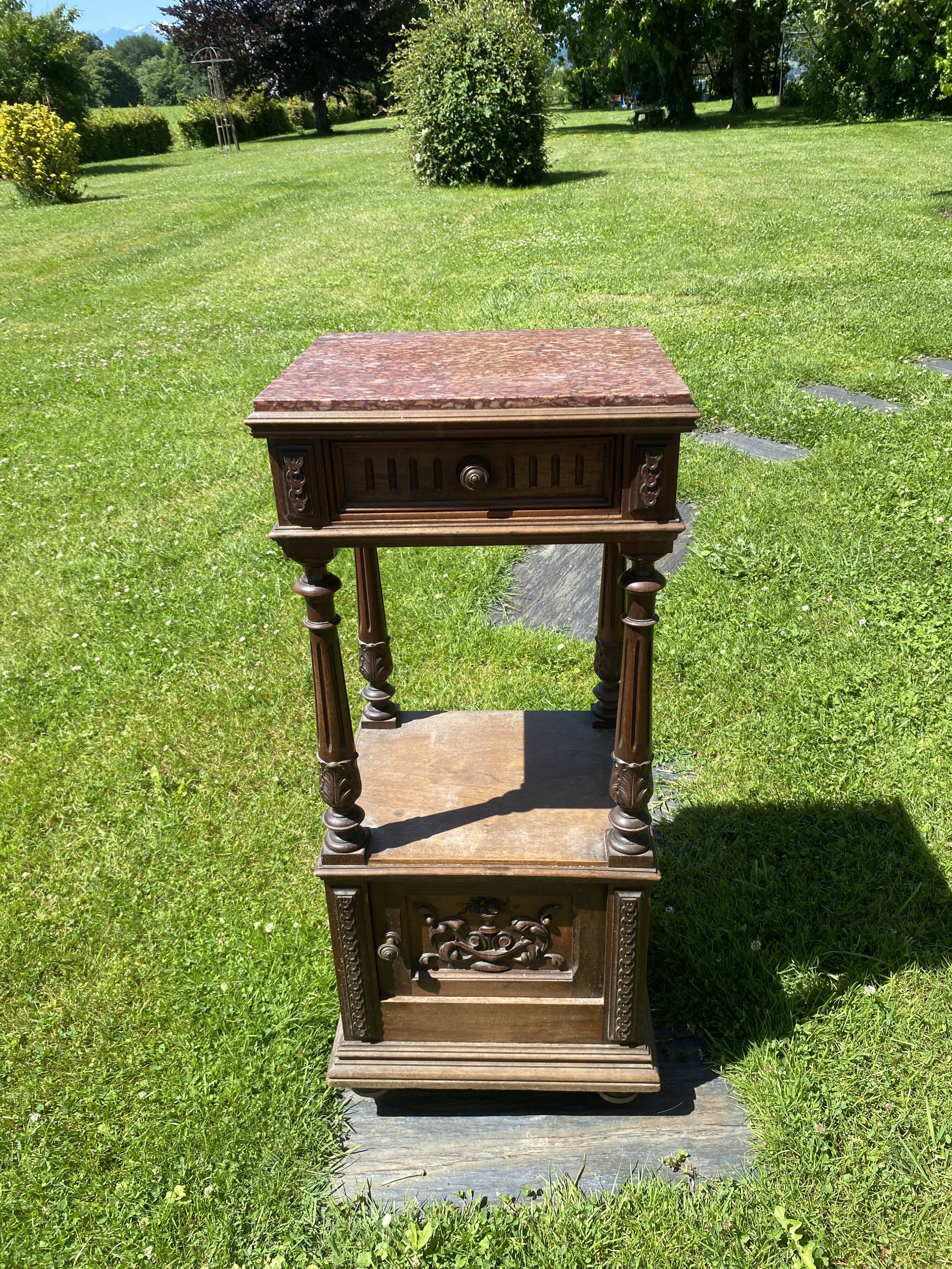 19th century wooden and pink marble bedside table, Henri II style
