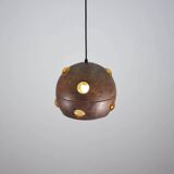Large, globular brutalist hanging lamp in copper / glass by Peill & Putzler