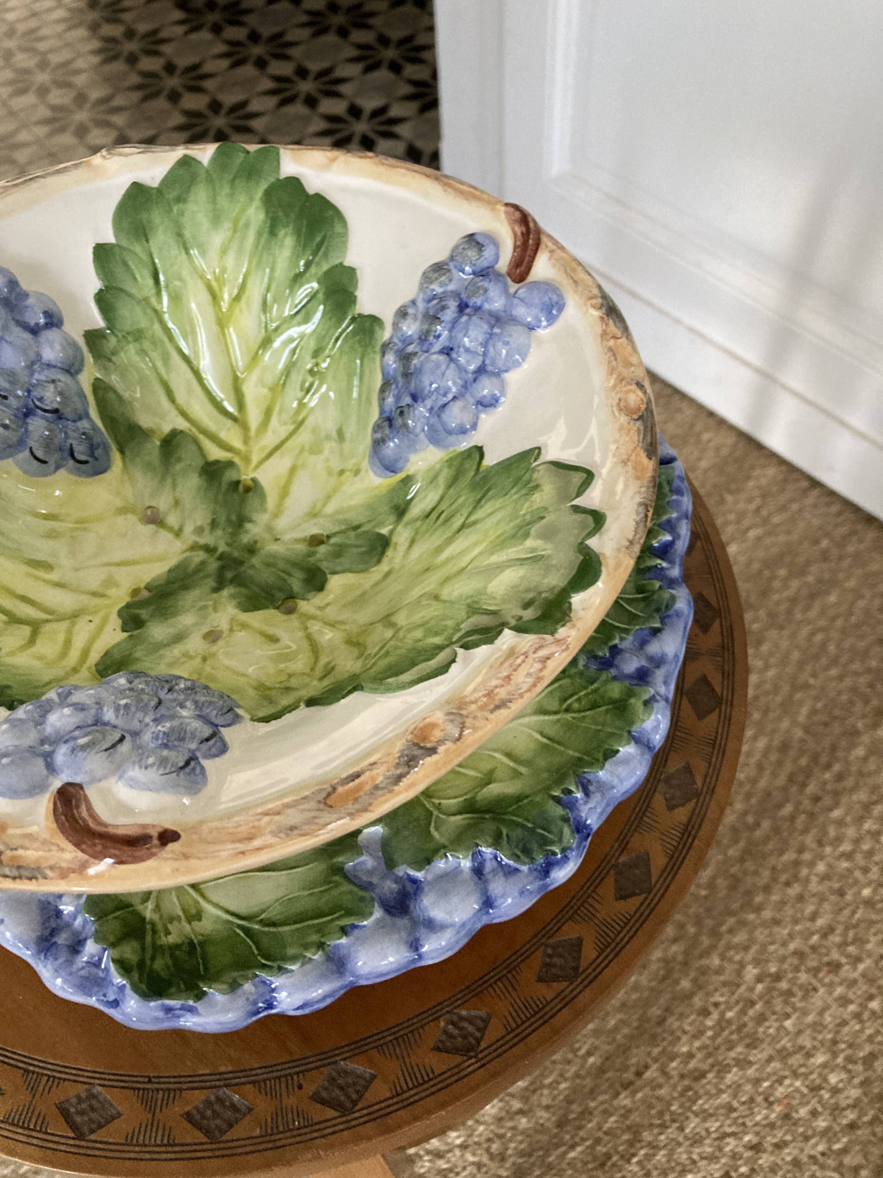 Grape slip compotier with plate - vintage majolica style ceramic drainer