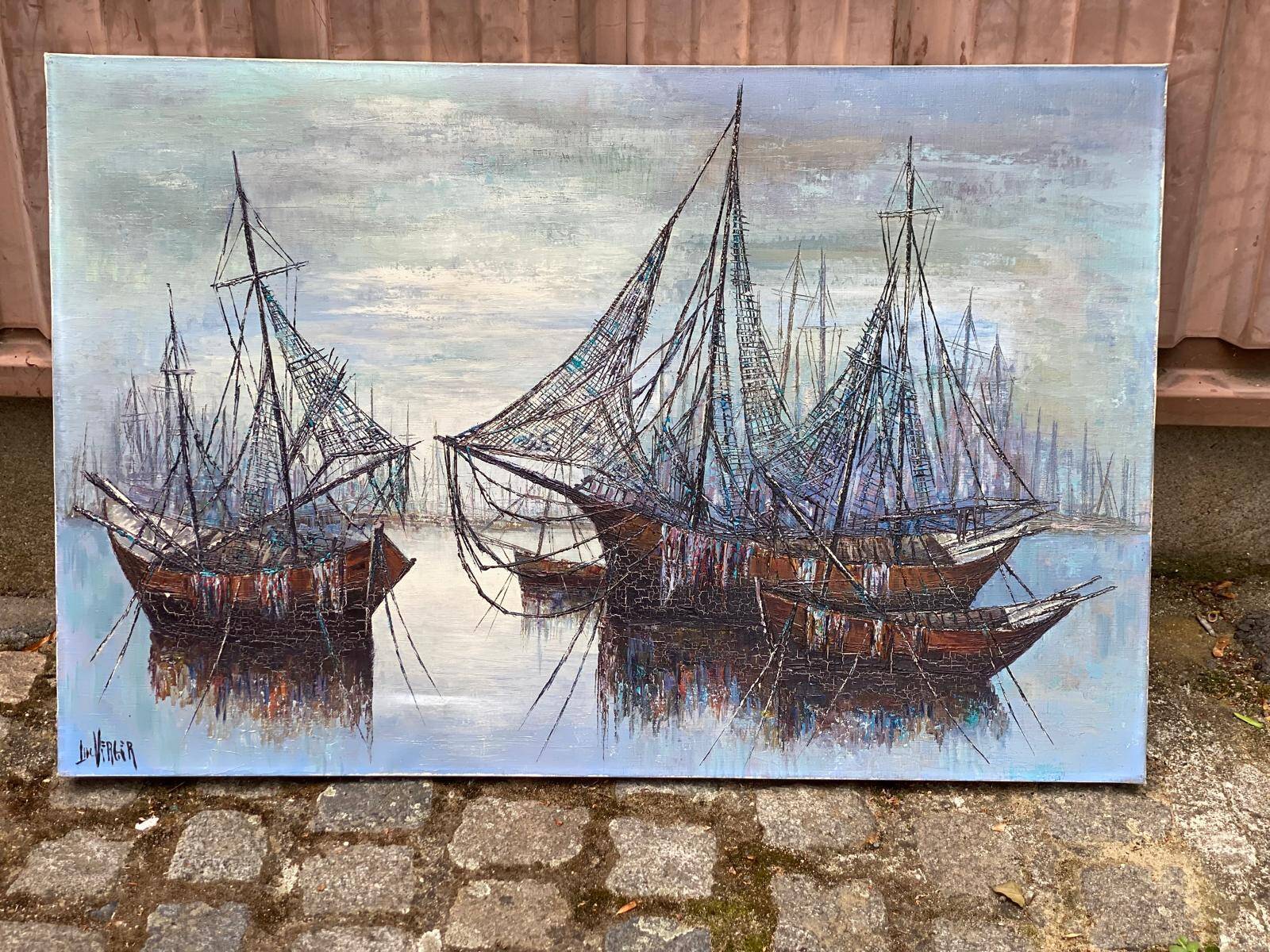 Oil painting on canvas by Luc Verger, boats, 90x60cm.