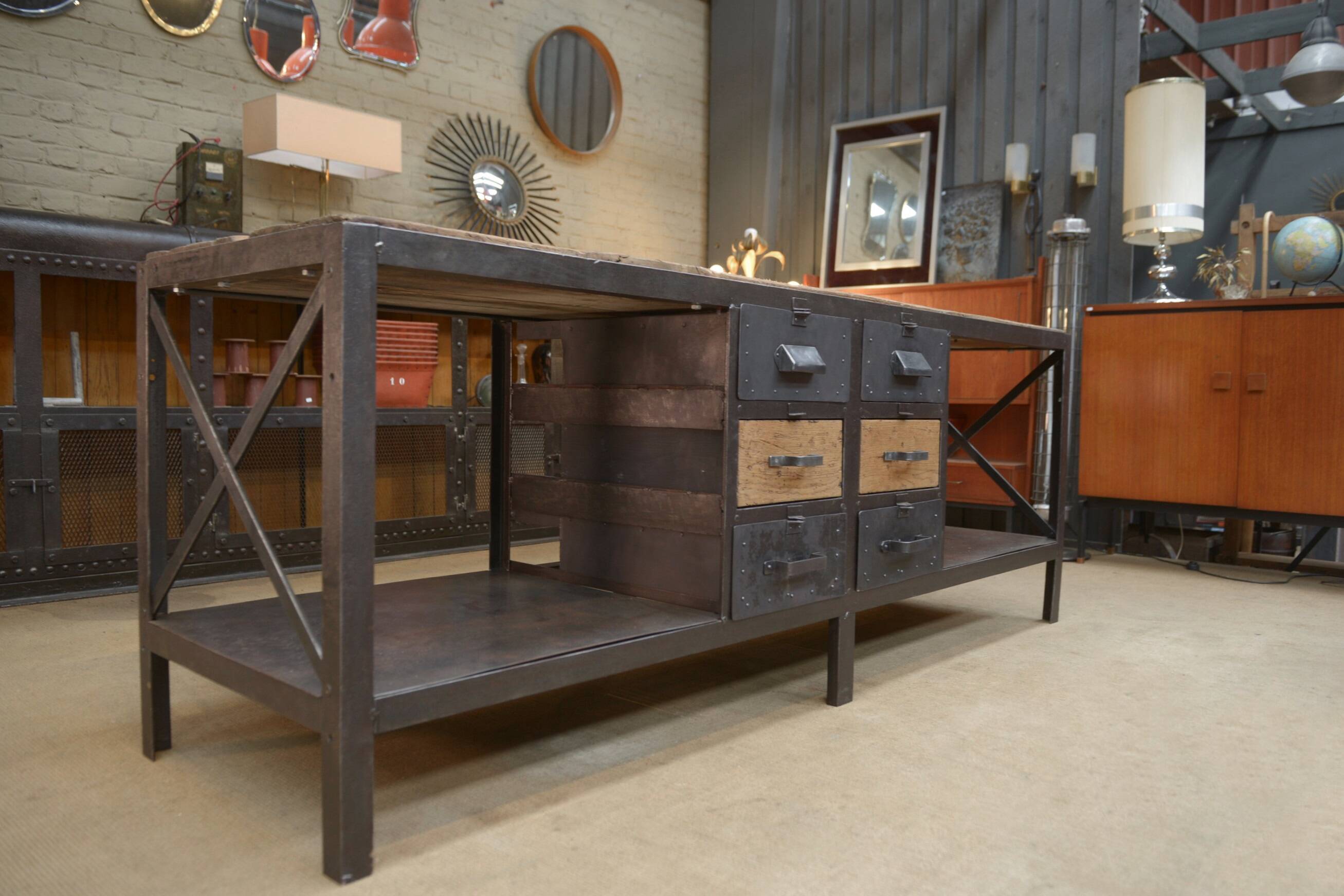 Industrial sideboard from metal and wood factory 1950