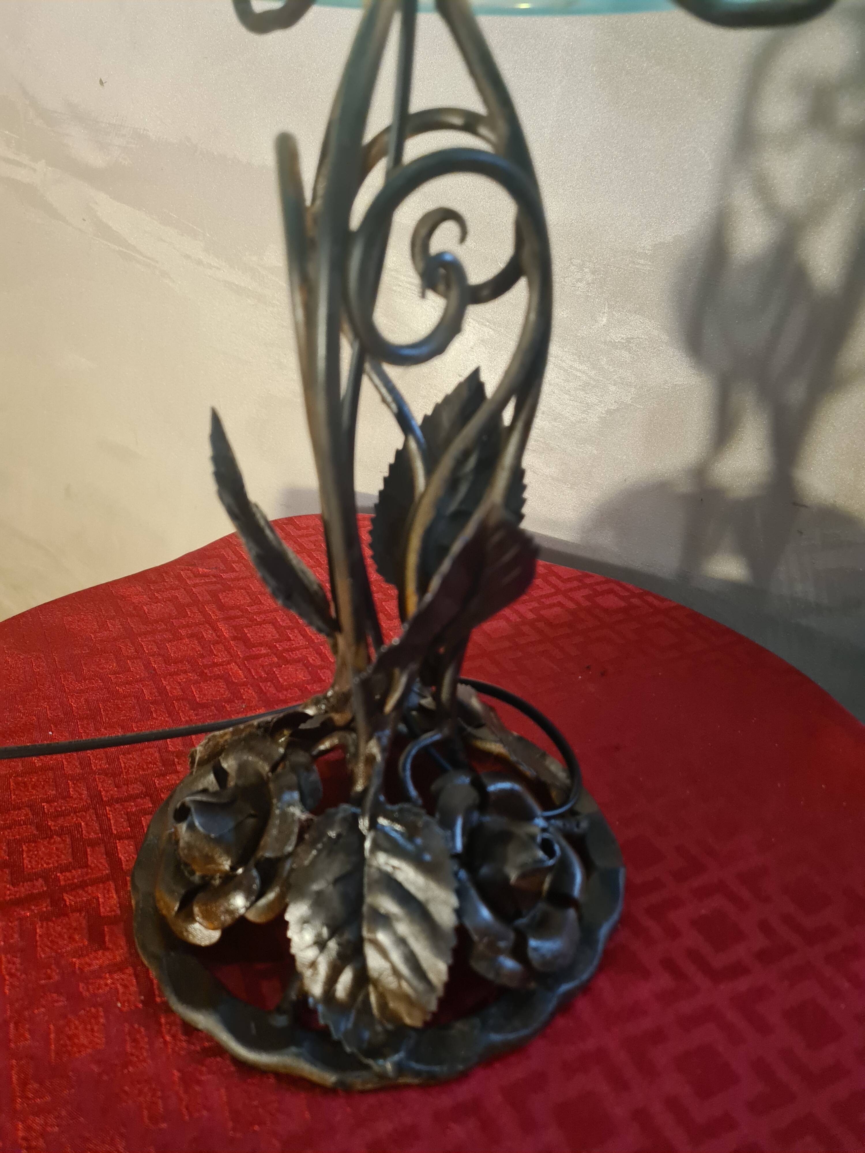 superb thick wrought iron Art Nouveau lamp, Kralik Loetz glass paste,