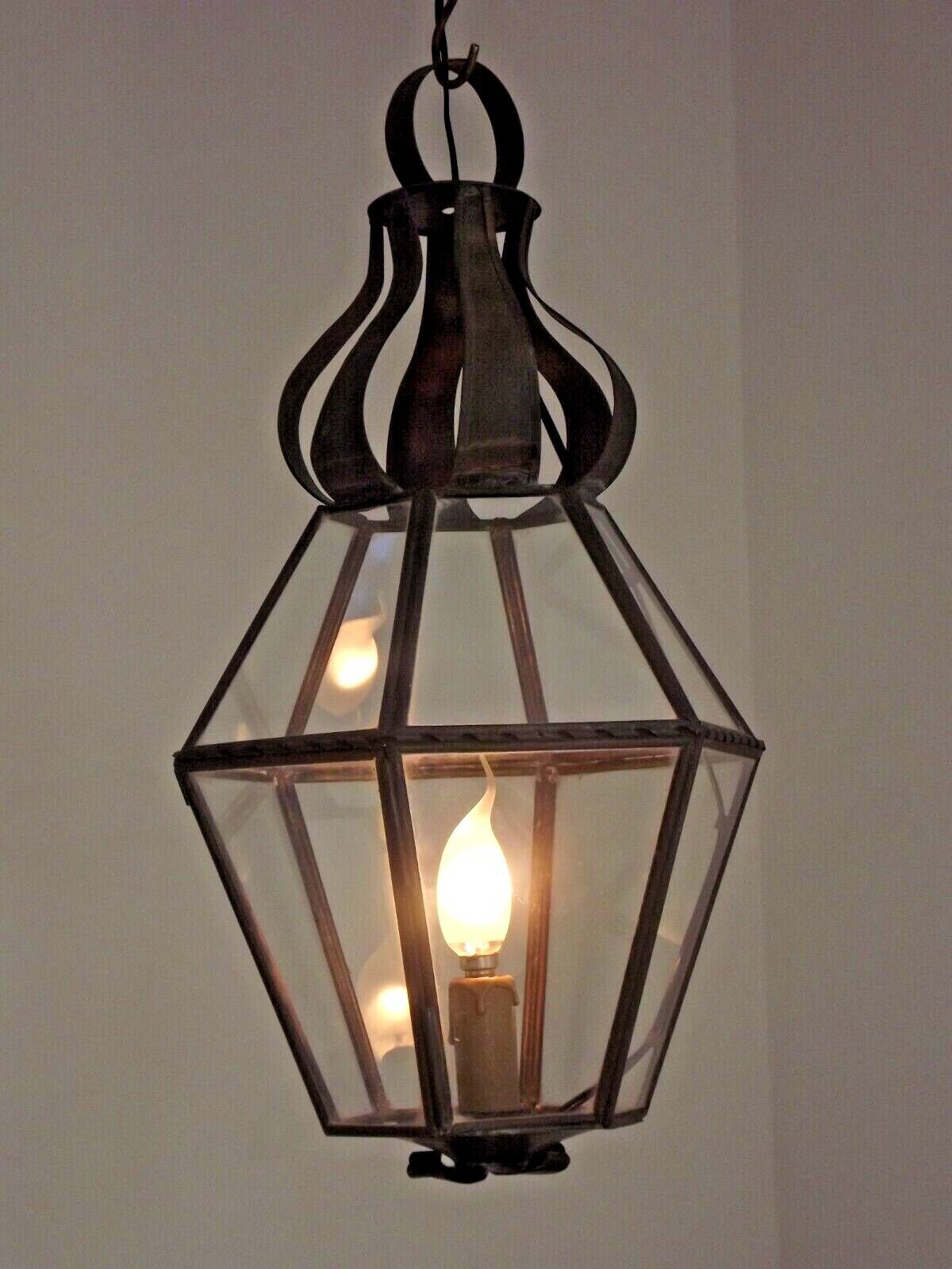Hexagonal shaped copper and glass hanging lantern