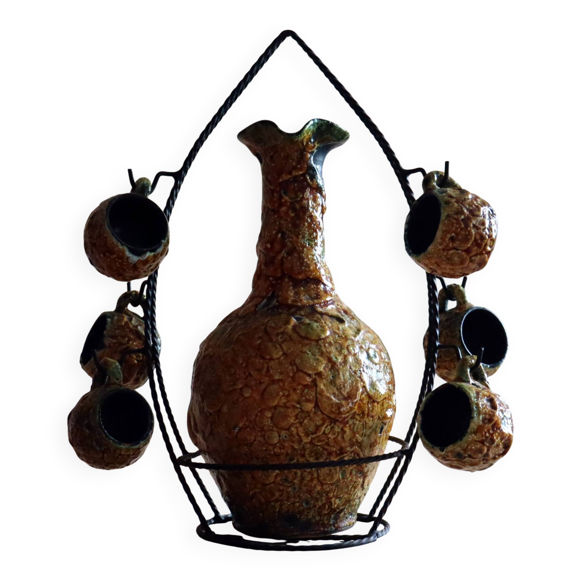 Vintage ceramic liqueur service "Fat Lava" and wrought iron