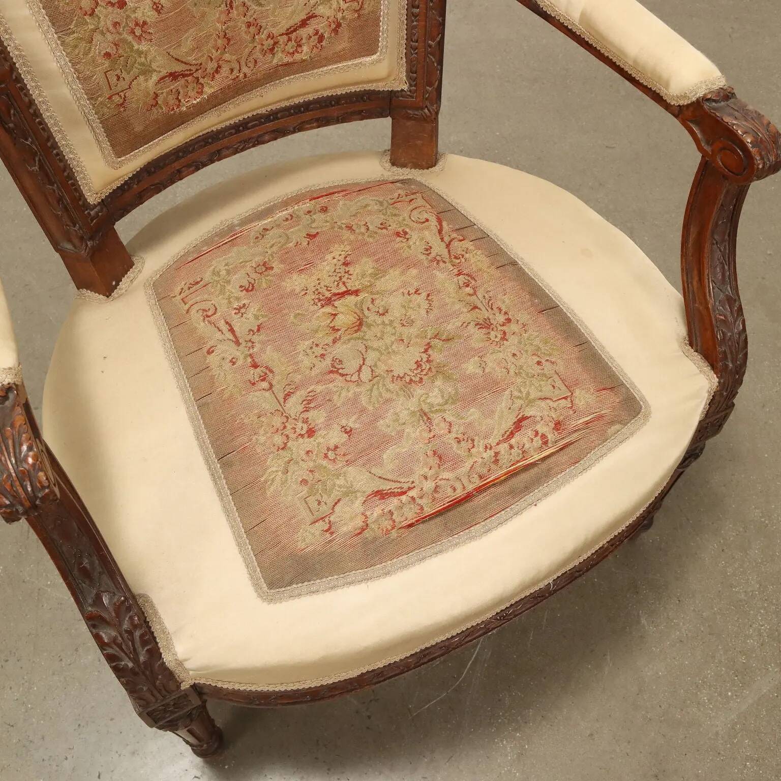 Antique beech armchair stained walnut, fabric, Italy, 19th century