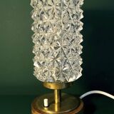 Vintage Mid-Century Scandinavian lamp in wood, brass, and pressed glass with spikes.