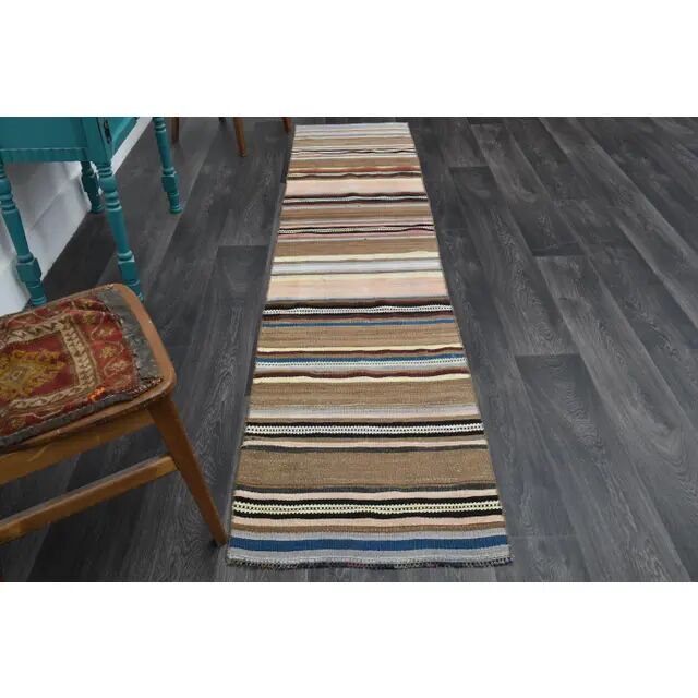 Vintage Turkish Oushak Handmade Wool Cotton Beige Runner Rug 62x284