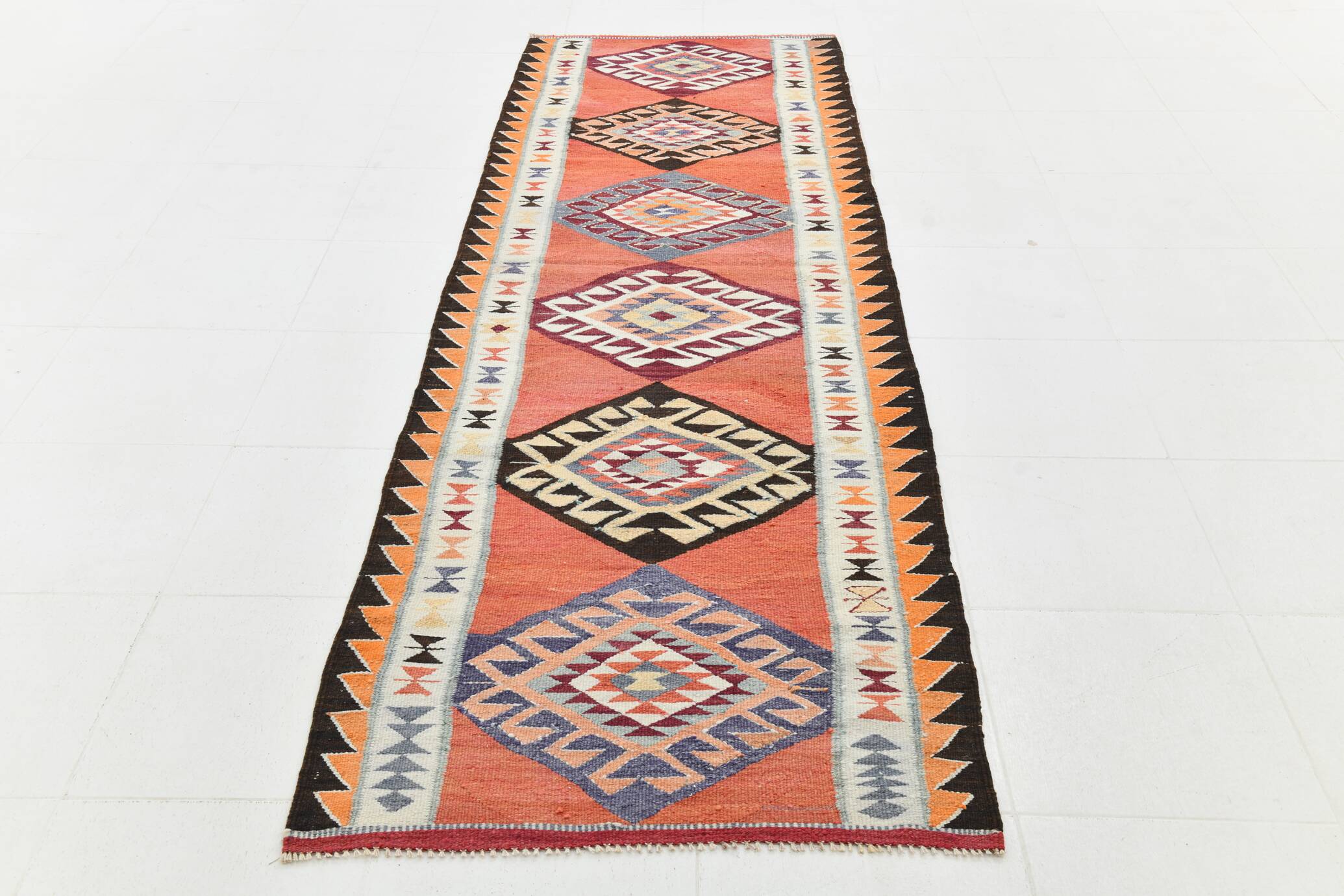 3x10 Turkish Orange & Burgundy Kilim Runner Rug, 92x302Cm
