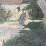 Old oil painting on canvas attributed to R. SCHWAB. Village vintage gilded wood frame 65 x 80 cm