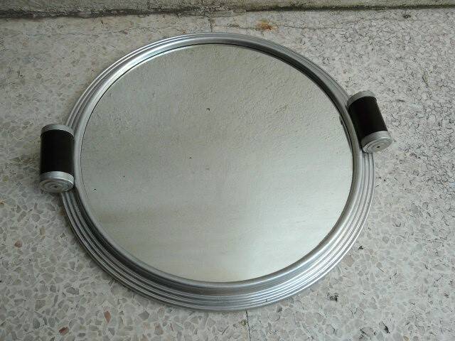 Art Deco round tray, mirror and aluminum tower, 2 wooden handles