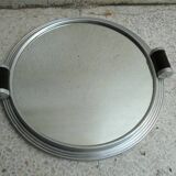 Plateau rond Art Déco, miroir et tour aluminium, 2 poignées bois