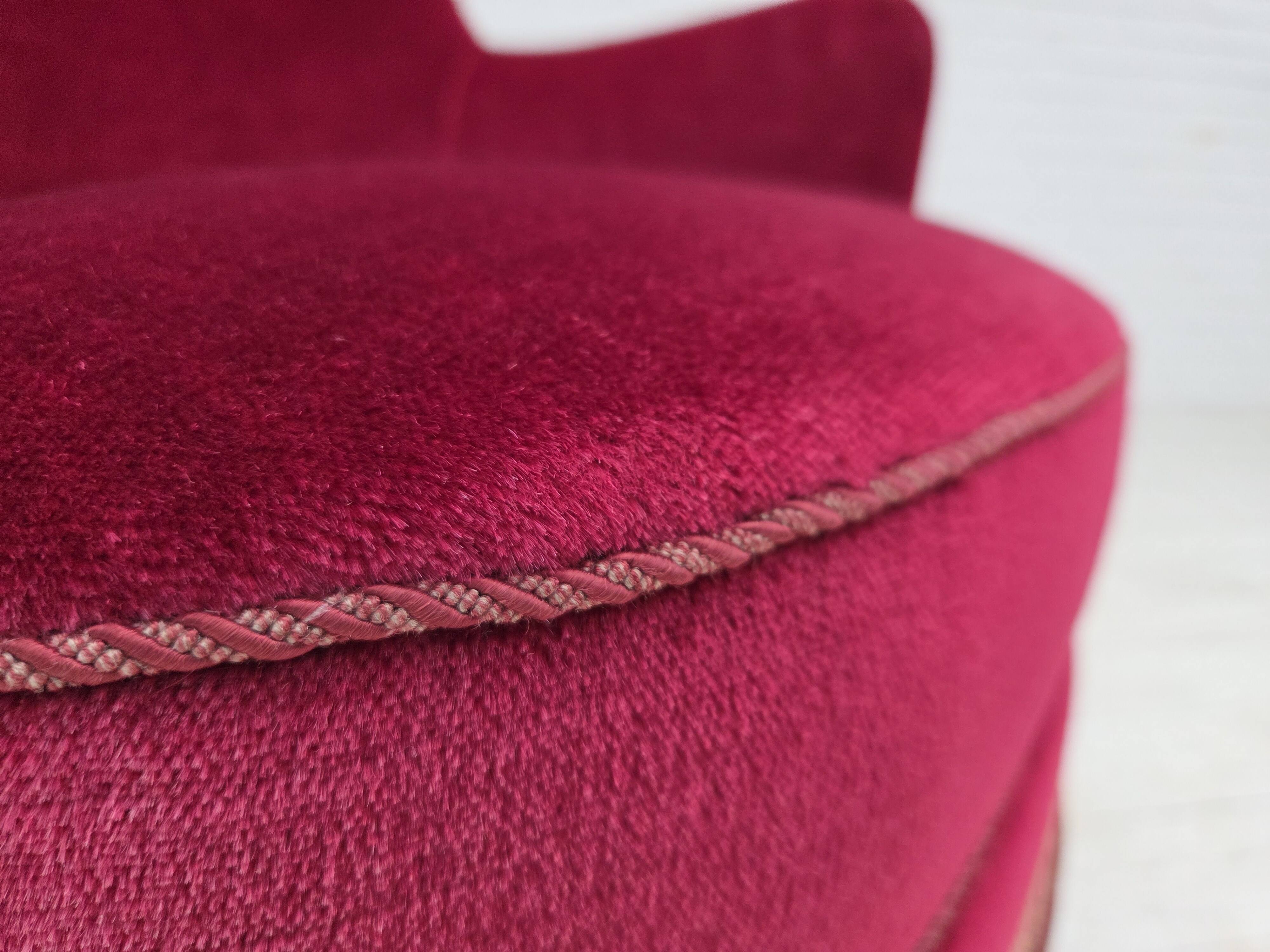 1970s, Danish highback armchair, red furniture velour, beech wood.