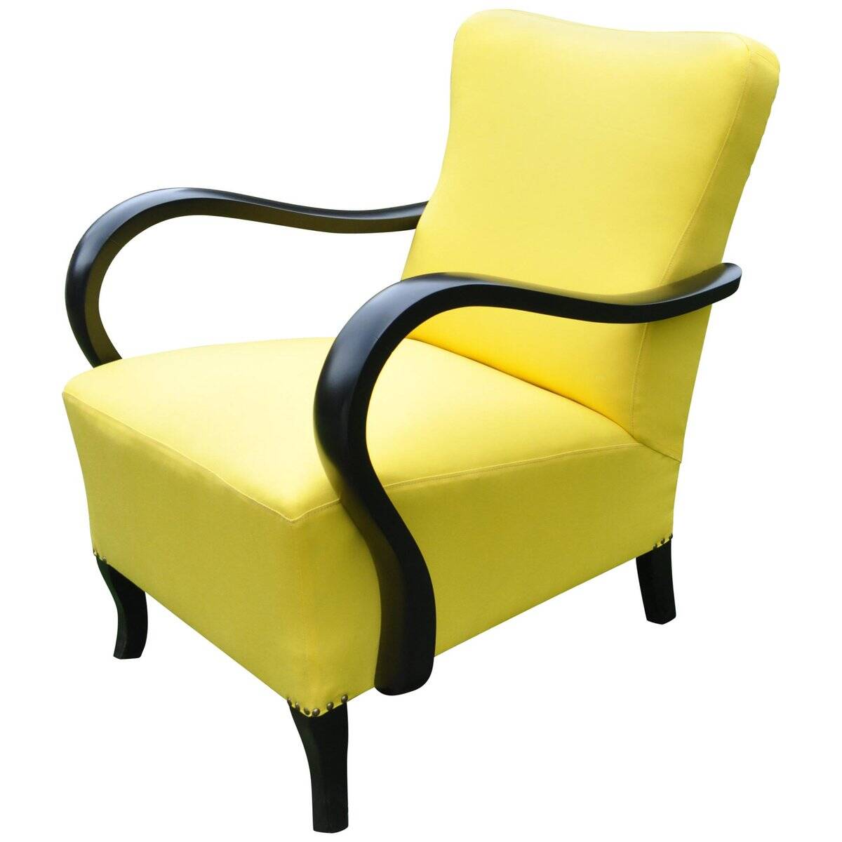 Art Deco armchair in yellow and black, made of painted wood and cotton, high back, 1920s.