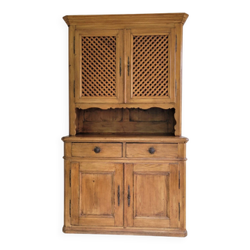Two-body sideboard cabinet made of solid pitch pine wood.