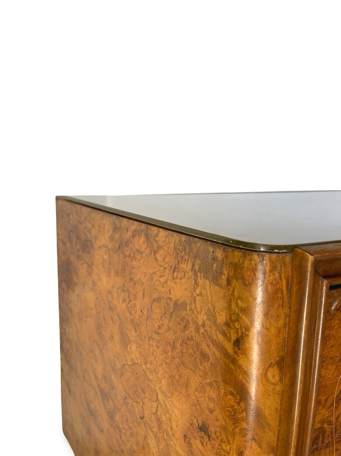 Veneered burl walnut chest of drawers with light warm brown glass top