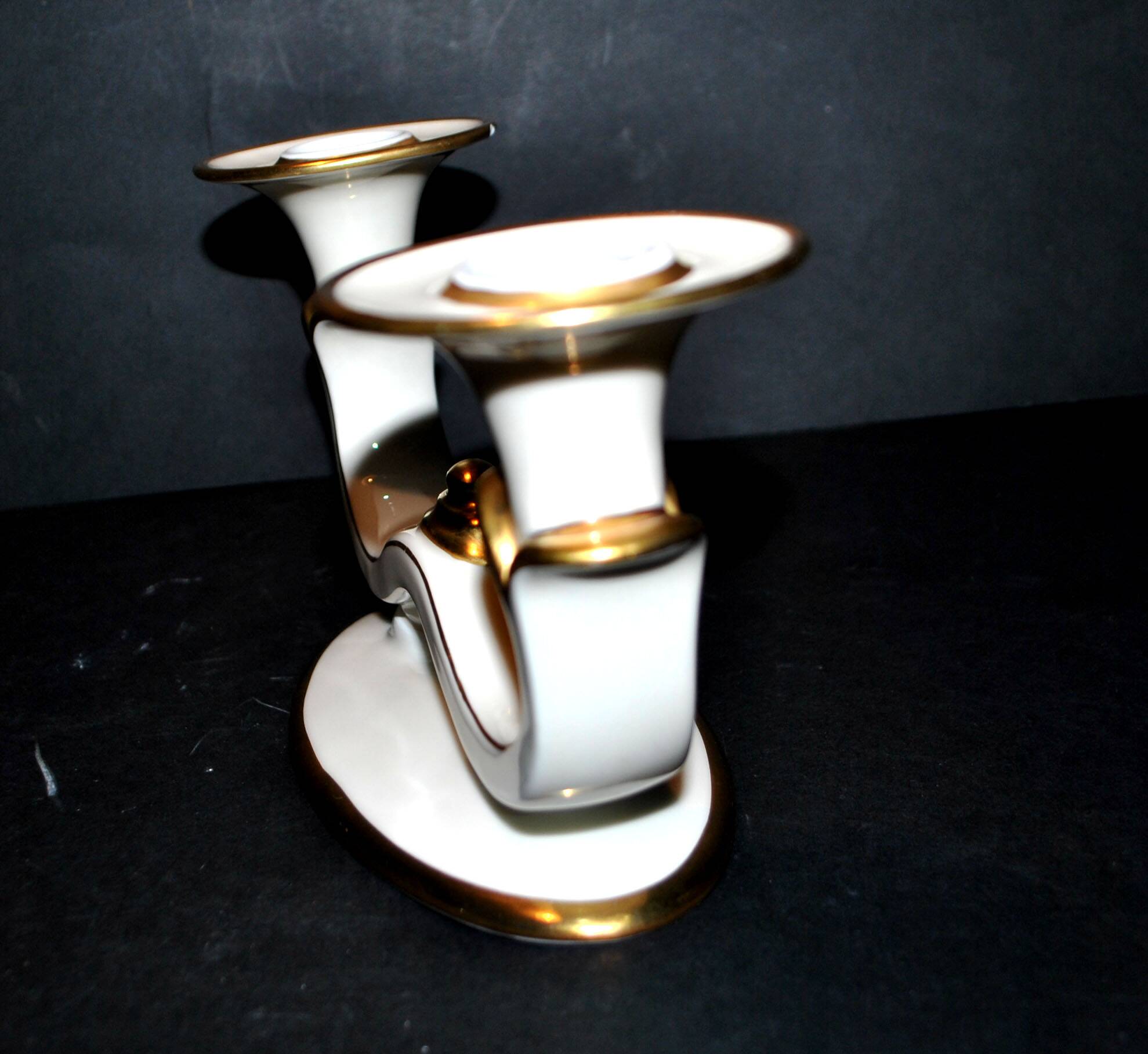Modernist German porcelain candle holder - double gold rim candlestick