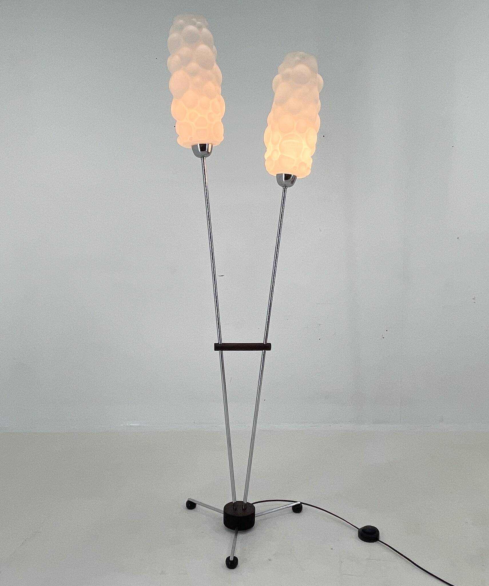 1970s chrome & wood floor lamp, restored , czechoslovakia
