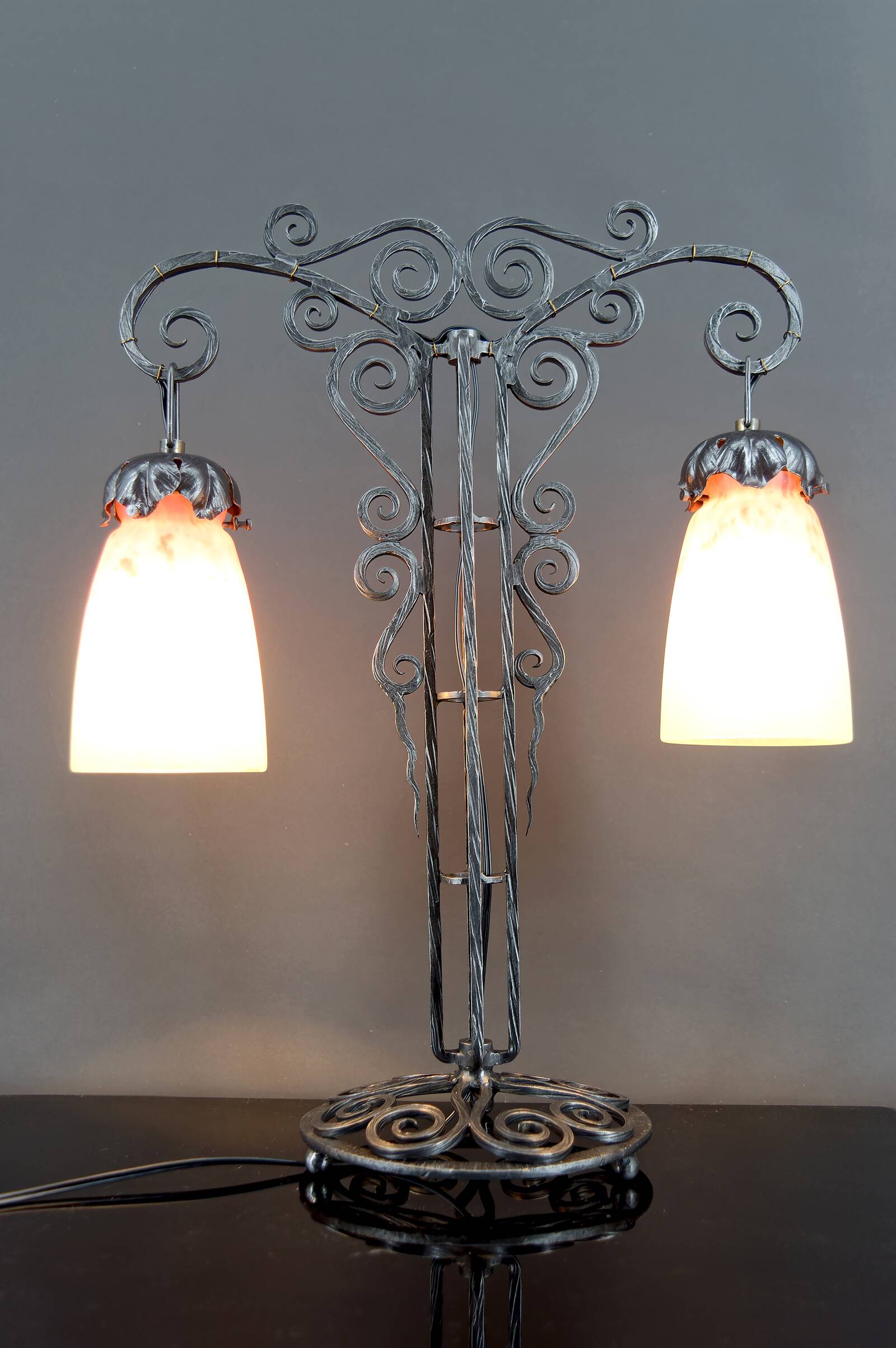Important Wrought Iron Double-Headed Lamp by Schneider, Art Deco, c. 1920