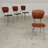 Set of 4 French chairs in camel brown imitation leather and chrome 1960