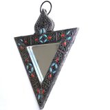Triangular mirror in silver metal and pearls, 80s