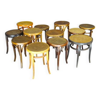 12 low stools, cane, wood, Thonet Baumann Kohn Fischel 1900 to 1925